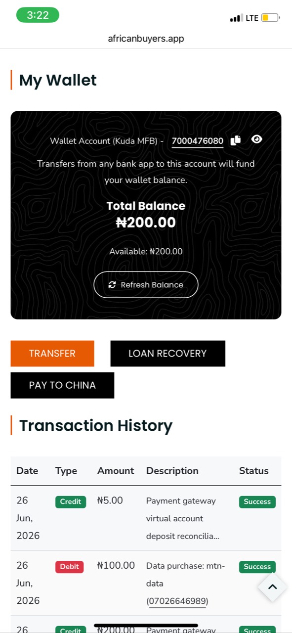 AfricanBuyer wallet and transaction history page