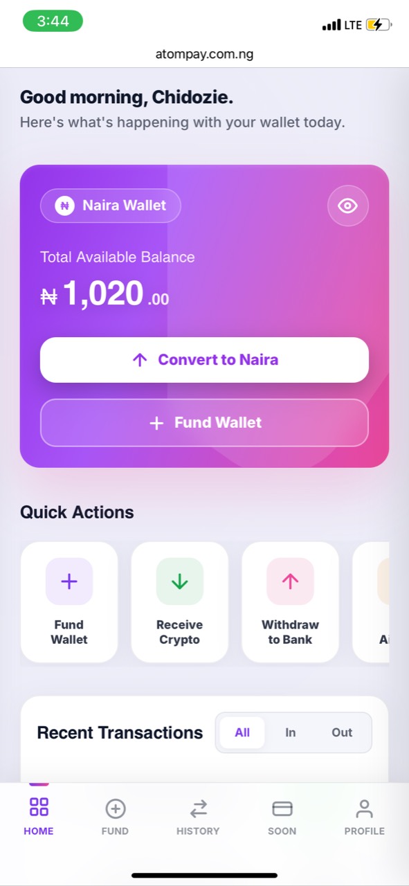 AtomPay wallet dashboard screen