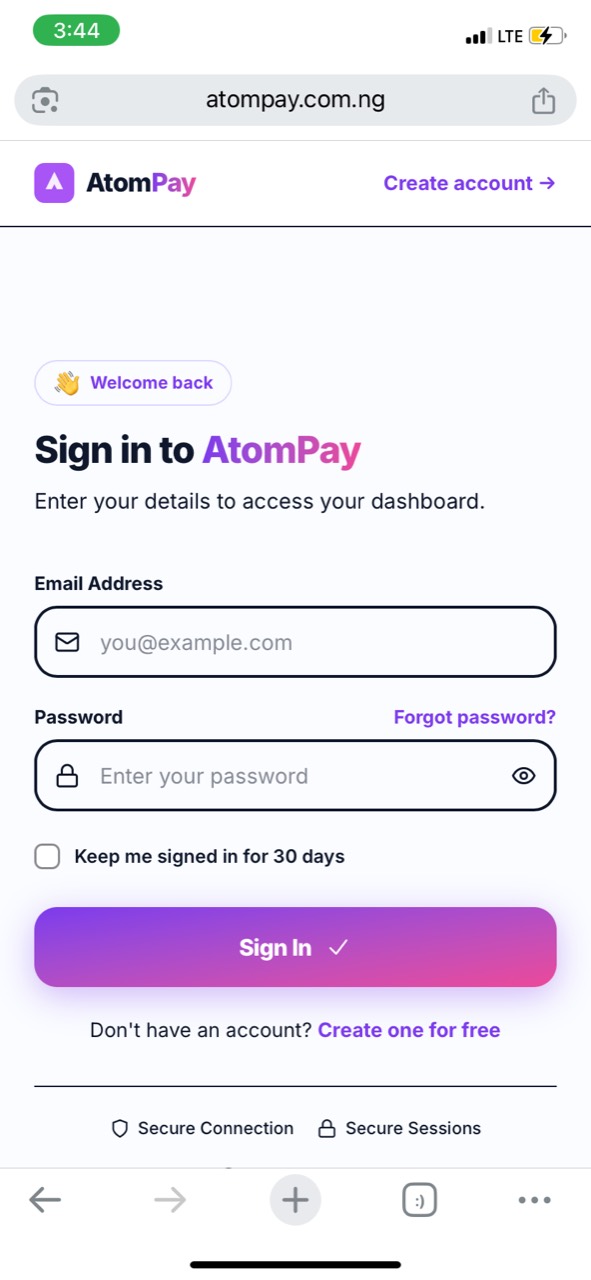 AtomPay sign in page