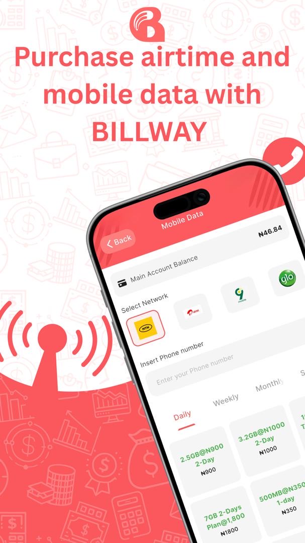 Billway app airtime and data purchase screen