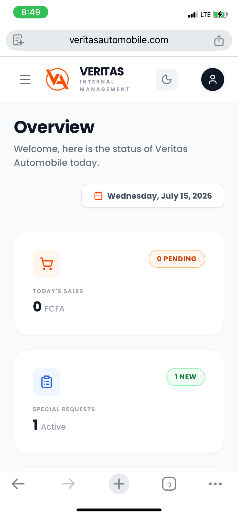 VeritasAutomobile admin dashboard overview