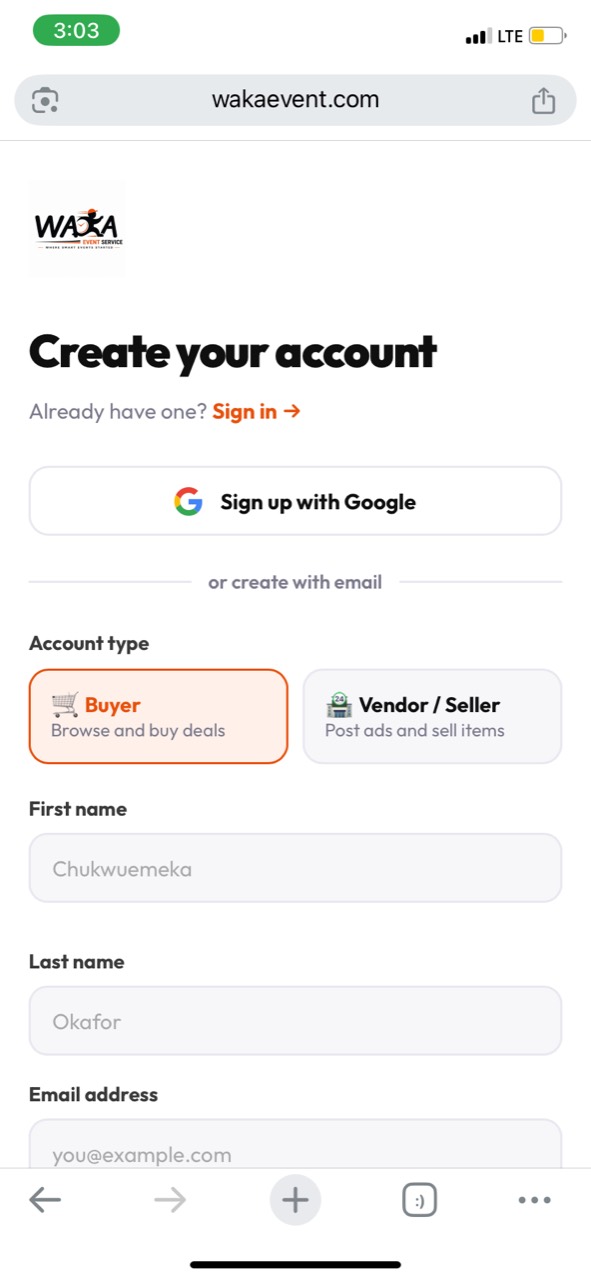 WakaEvent account registration page